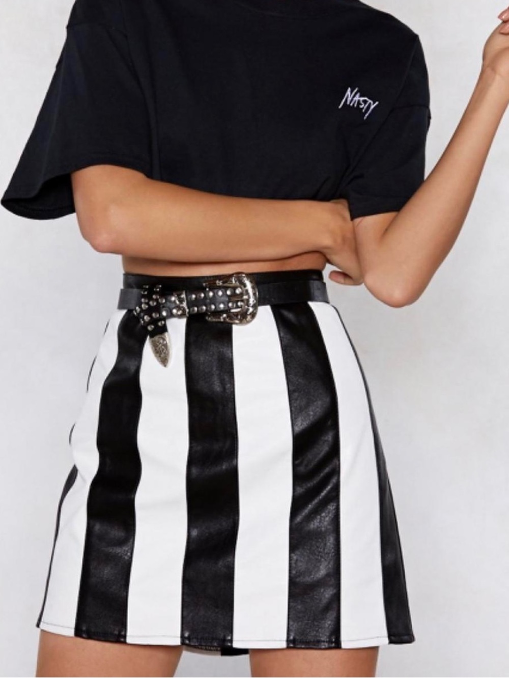 Nasty Gal Black & White Faux Leather High Waisted Striped Mini Skirt L Goth Punk